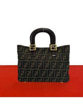 Fendi Vintage Zucca FF Pattern Canvas Leather Handbag Mini Tote Brown Black